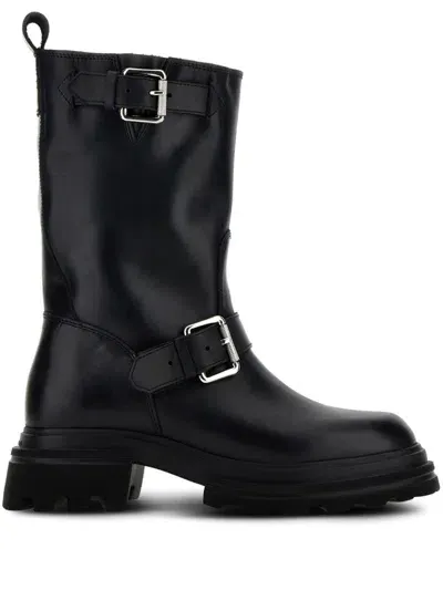 Hogan Leather Biker Boots In Schwarz