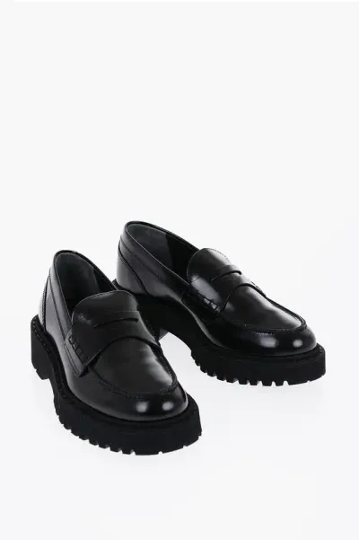 Hogan Solid Color Leather Penny Loafers In Black