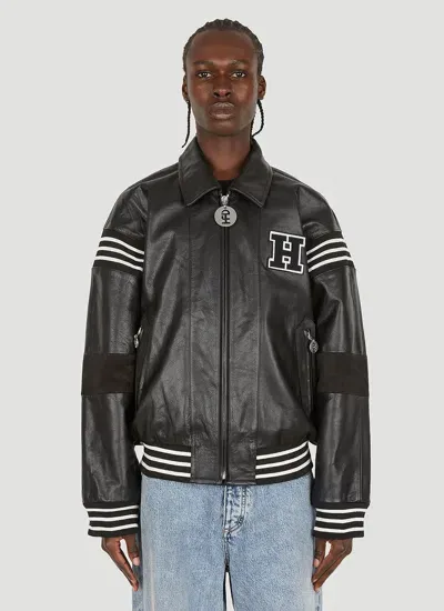 Honey Fucking Dijon Patch-detail Leather Bomber Jacket In Black