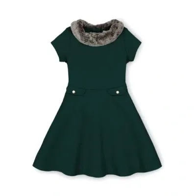 Hope & Henry Baby Girls' Fit And Flare Ponte Dress With Faux Fur, Infant In Deep Green