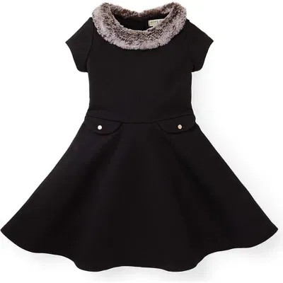 Hope & Henry Babies'  Girls' Fit And Flare Ponte Dress With Faux Fur, Toddler In Black