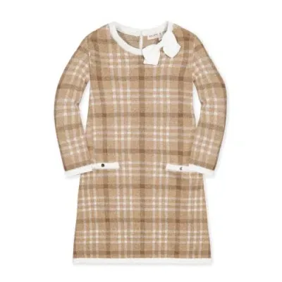 Hope & Henry Girls' Organic Bow Sweater Dress, Kids In Camel Plaid Intarsia