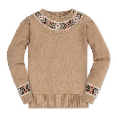 Hope & Henry Girls' Organic Intarsia Trim Sweater, Kids In Camel Heather Trim Intarsia