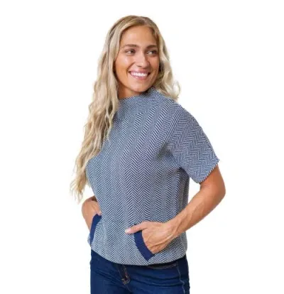 Hope & Henry Organic Mock Neck Sweater In Navy And White Herringbone