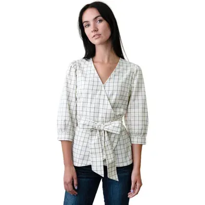 Hope & Henry Organic Puff Sleeve Wrap Top In Ivory And Navy Windowpane