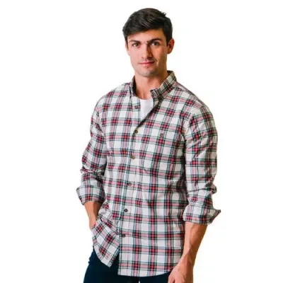 Hope & Henry Organic Stretch Poplin Shirt In Ivory Holiday Tartan