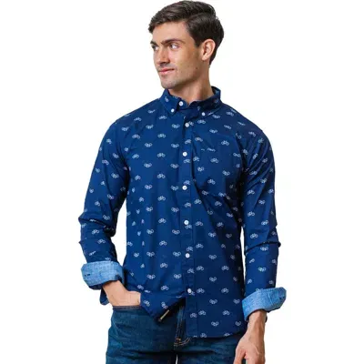 Hope & Henry Organic Stretch Poplin Shirt In Navy Bicycle Print