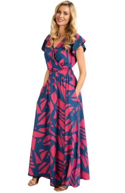 Hotsquash London Clothing Abstract Print Chiffon Faux Wrap Maxi Dress In Matisse Print Coral/teal