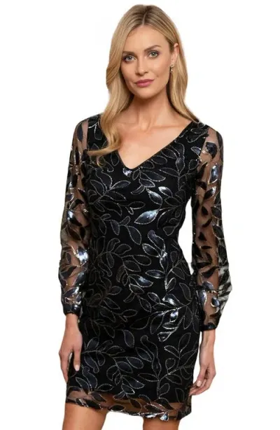 Hotsquash London Clothing Blouson Sleeved V Neck Sequin Dress In Black Sequin Leaf