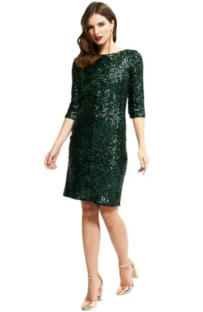 Hotsquash London Clothing Boat Neck Sequin Dress With Sleeves In Bottle Green