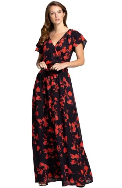 Hotsquash London Clothing Chiffon Wrap Top Maxi Dress In Black And Red Flower