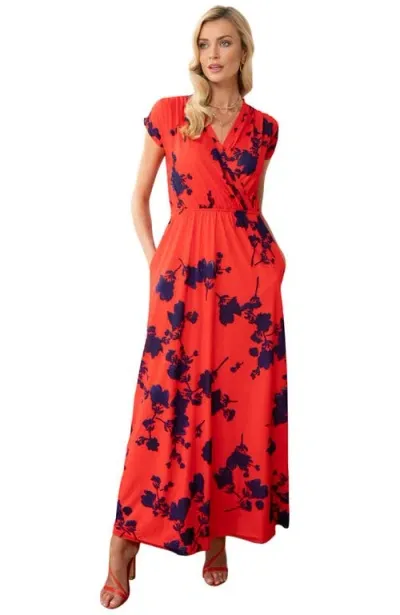 Hotsquash London Clothing Faux-wrap Jersey Maxi Dress In Red With Blue Flower