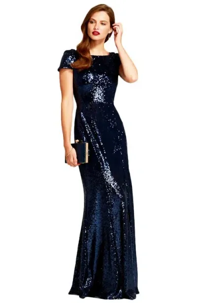 Hotsquash London Clothing Mermaid Shape Sequin Gown With Cowl Back In Navy