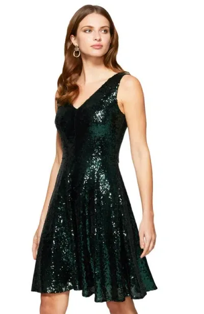 Hotsquash London Clothing Sequin V Neck Fit And Flare Dress In Green