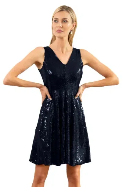 Hotsquash London Clothing Sequin V Neck Fit And Flare Dress In Navy