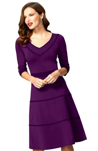 Hotsquash London Clothing V Neck Fit And Flare Dress With 3/4 Sleeves In Purple With Damson Piping