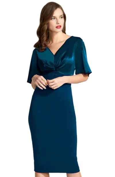 Hotsquash London Clothing V-neck Satin-top Pencil Dress In Woodland Teal