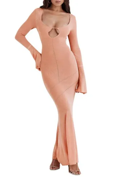 House Of Cb Sereia Metallic Cutout Long Sleeve Knit Maxi Dress In Mellow Rose