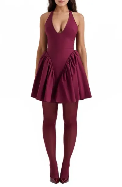 House Of Cb Valentia Plunge Halter Neck Stretch Cotton Minidress In Windsor Wine