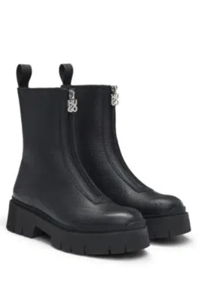 Hugo Ankle Boots In Tumbled Leather With Front Zip In Black