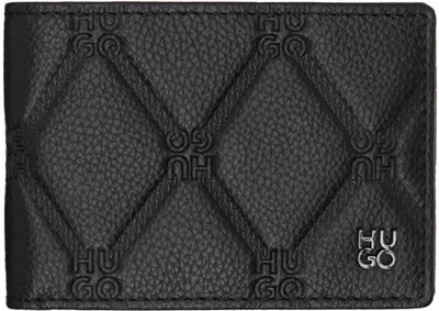 Hugo Black Leather All-over Stacked Logos Wallet In 001-black