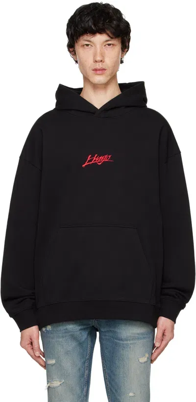 Hugo Cotton-terry Relaxed-fit Hoodie With Logo Prints In Black