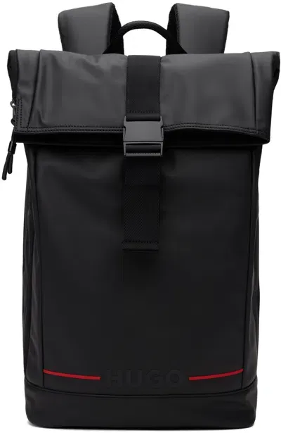 Hugo Black Roll Top Backpack In 001-black