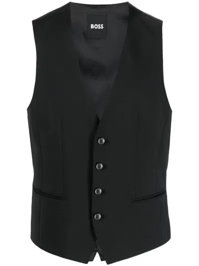 Hugo Boss Adjustable Cotton-blend Waistcoat In Black