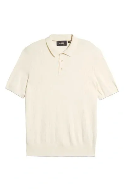 Hugo Boss Boss Darco Rib Silk & Cotton Polo In Off White