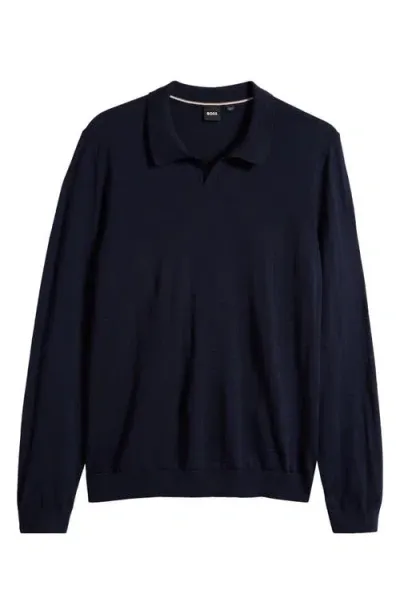 Hugo Boss Boss Enord Long Sleeve Wool Polo Sweater In Dark Blue