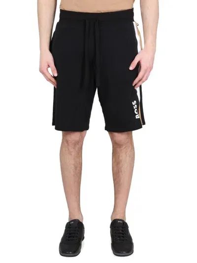 Hugo Boss Boss  Logo Printed Drawstring Bermuda Shorts In Black