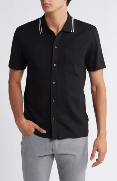 Hugo Boss Boss Powell Tipped Short Sleeve Knit Button-up Shirt In Black