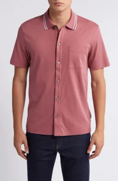 Hugo Boss Boss Powell Tipped Short Sleeve Knit Button-up Shirt In Open Red