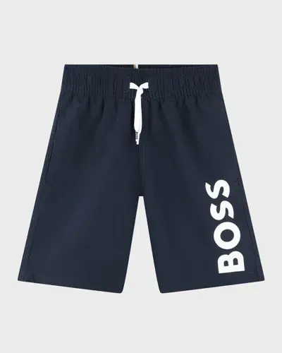 Hugo Boss Kids' Boy's Logo-print Swim Trunks In Blue