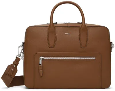 Hugo Boss Brown Grained Briefcase In 235-light/pstl Brwn