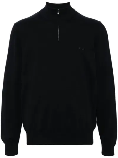 Hugo Boss Embroidered Logo High-neck Knitted Sweatshirt In Blue