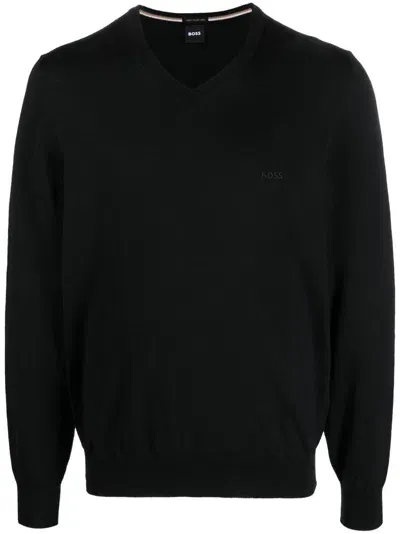 Hugo Boss Embroidered-logo V-neck Jumper In Black