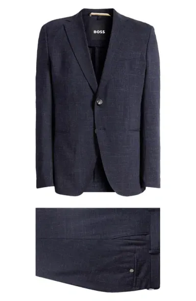 Hugo Boss H-huge Wool & Linen Melange Solid Slim Fit Suit In Dark Blue