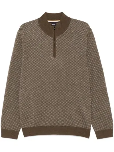 Hugo Boss Intarsia-knit Sweater In Brown