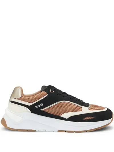 Hugo Boss Mixed-material Trainers With Suede And Mesh In Beige/black