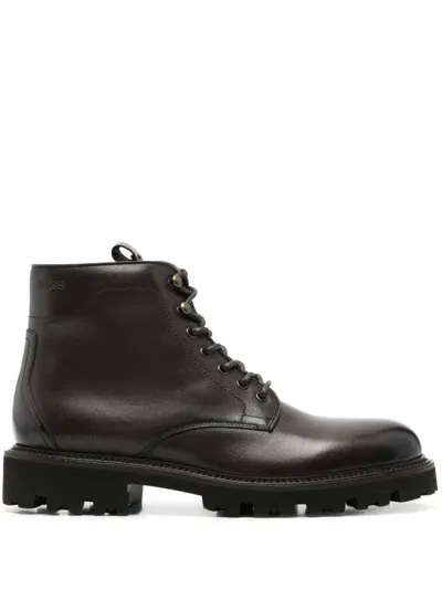 Hugo Boss Leather Ankle Boots In Braun