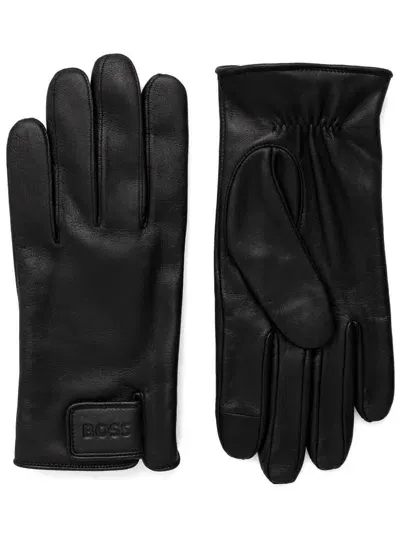 Hugo Boss Leather Gloves In 黑色