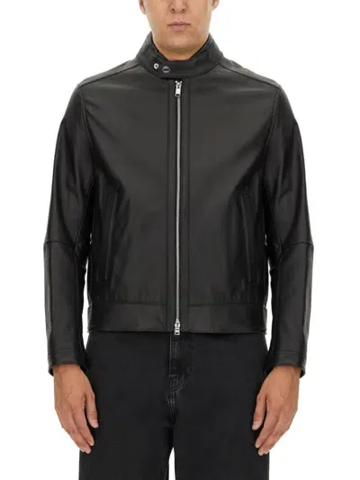 Hugo Boss Band-collar Leather Jacket In Black