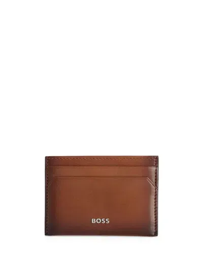 Hugo Boss Logo Leather Card Holder In Brown