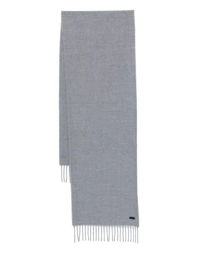 Hugo Boss Logo-patch Fringed Scarf In Grey