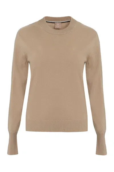 Hugo Boss Long Sleeve Crew-neck Sweater In Camel