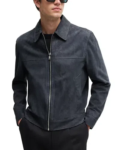 Hugo Boss Regular-fit Jacket In Suede With Two-way Zip In Navy