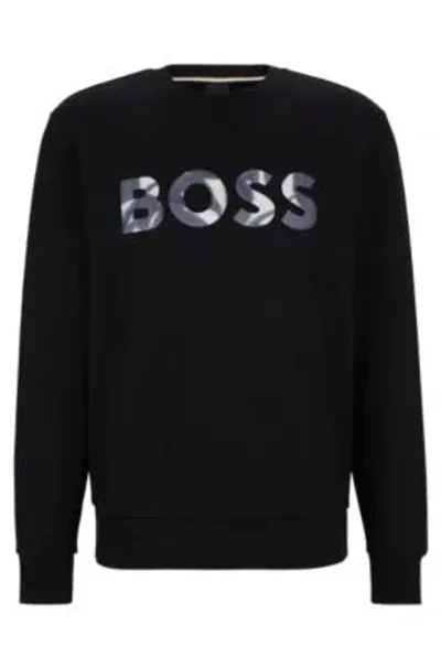 Hugo Boss Mercerized-cotton Sweatshirt With Digital-print Logo In Black