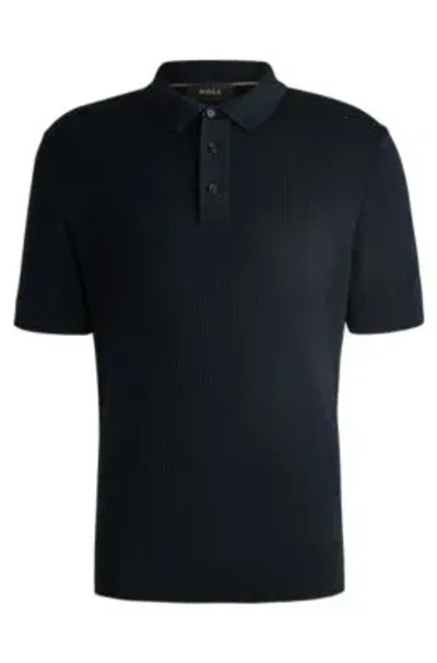 Hugo Boss Regular-fit Polo Sweater In Silk And Cotton In Dark Blue