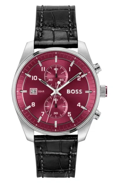 Hugo Boss Men's Sky Traveler Quartz Fashion Chrono Black Croc Leather Watch 44mm